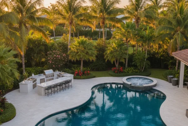 Custom pool and outdoor living area with tropical landscaping in Florida