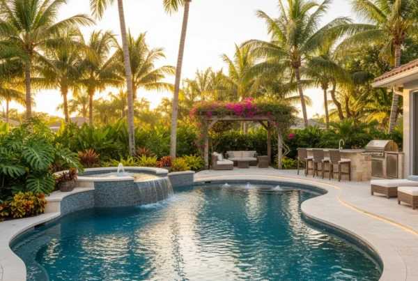 Custom pool and outdoor living area with tropical landscaping in Florida