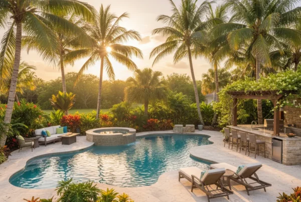 Custom pool and outdoor living area with tropical landscaping in Florida