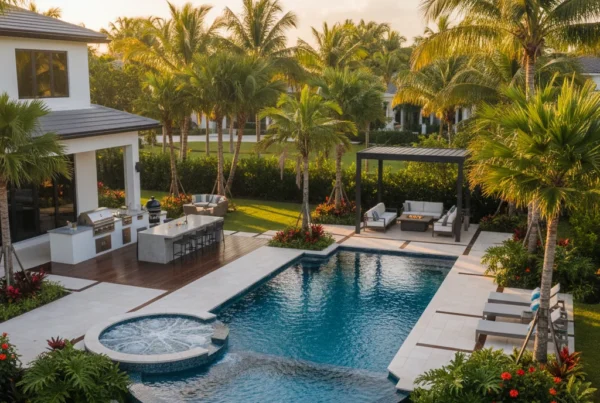 Custom pool and outdoor living area with tropical landscaping in Florida