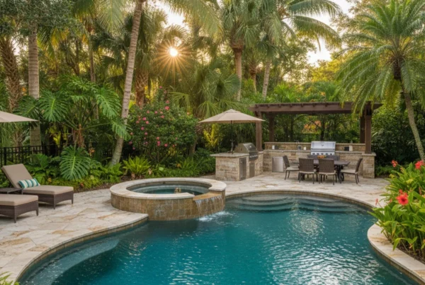 Custom pool and outdoor living area with tropical landscaping in Florida