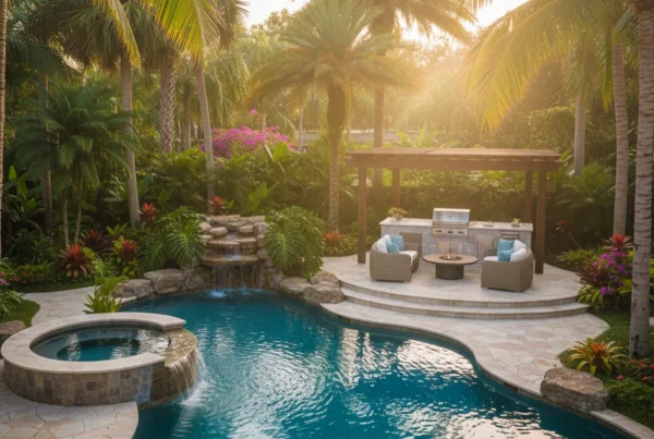Custom pool and outdoor living area with tropical landscaping in Florida