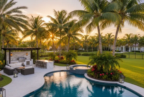Custom pool and outdoor living area with tropical landscaping in Florida