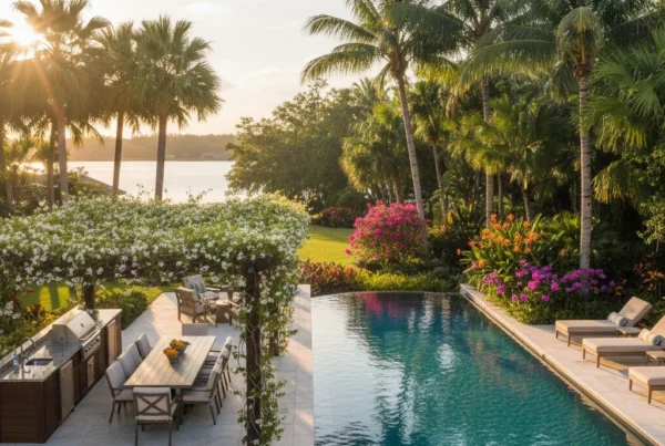 Infinity pool with tropical landscaping and outdoor kitchen in Lake County FL