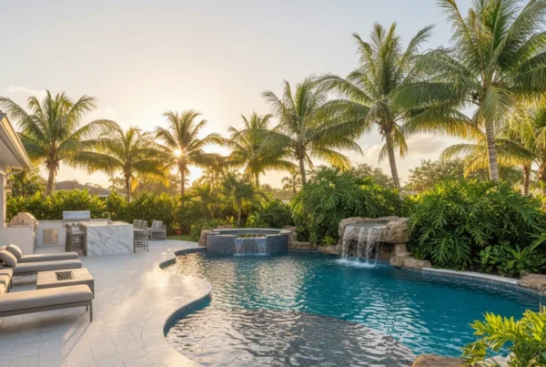 Custom pool and outdoor living area with tropical landscaping in Florida