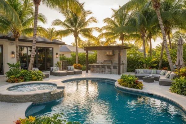 Custom pool with tropical landscaping and outdoor living in Florida