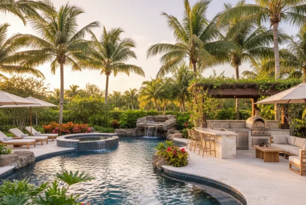 Custom pool and outdoor living area with tropical landscaping in Florida