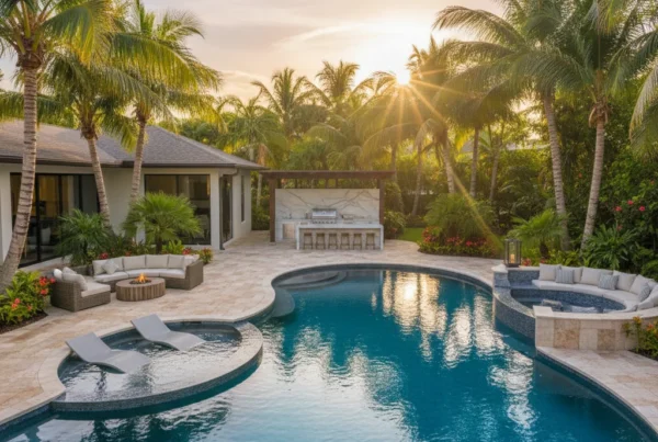Custom pool and outdoor living area with tropical landscaping in Florida