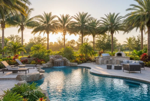 Custom pool and outdoor living area with tropical landscaping in Florida