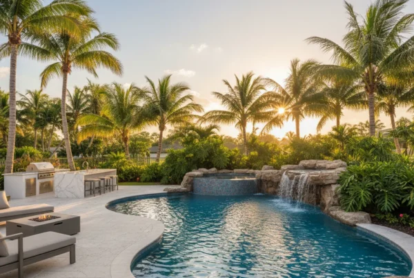 Custom pool and outdoor living area with tropical landscaping in Florida