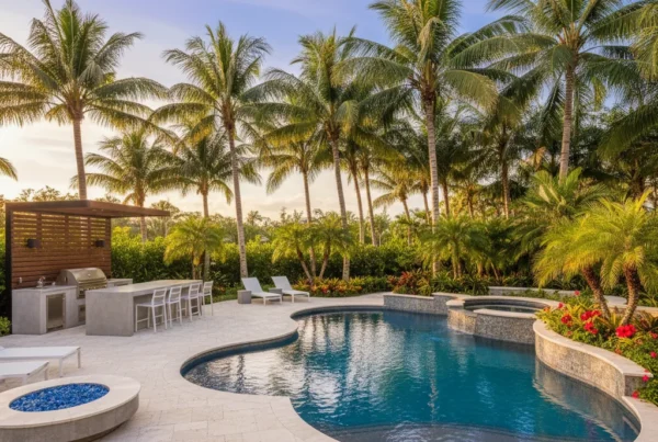 Custom pool and outdoor living area with tropical landscaping in Florida
