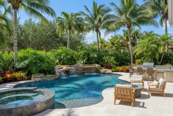 Custom pool and outdoor living area with tropical landscaping in Florida