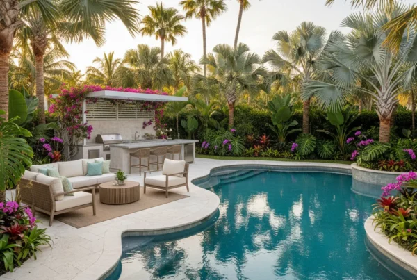 Custom pool and outdoor living area with tropical landscaping in Florida