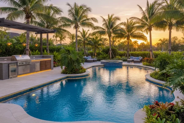 Custom pool and outdoor living area with tropical landscaping in Florida