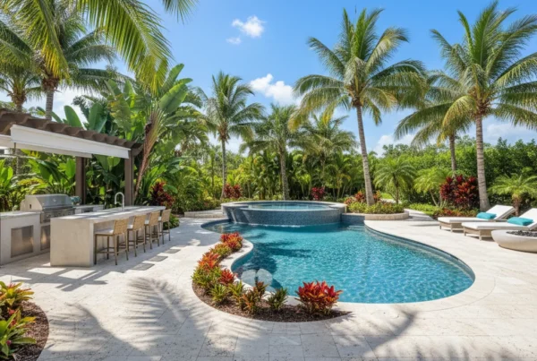 Custom pool and outdoor living area with tropical landscaping in Florida