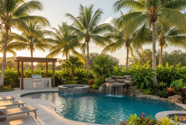 Custom pool and outdoor living area with tropical landscaping in Florida