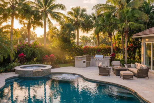 Custom pool and outdoor living area with tropical landscaping in Florida