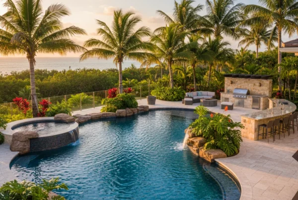 Custom pool and outdoor living area with tropical landscaping in Florida