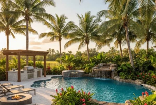 Custom pool and outdoor living area with tropical landscaping in Florida