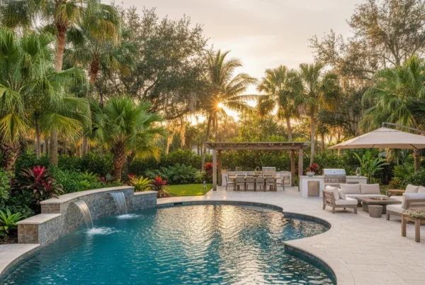 Custom pool and outdoor living area with tropical landscaping in Florida