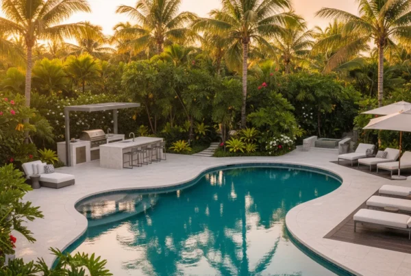 Custom pool and outdoor living area with tropical landscaping in Florida