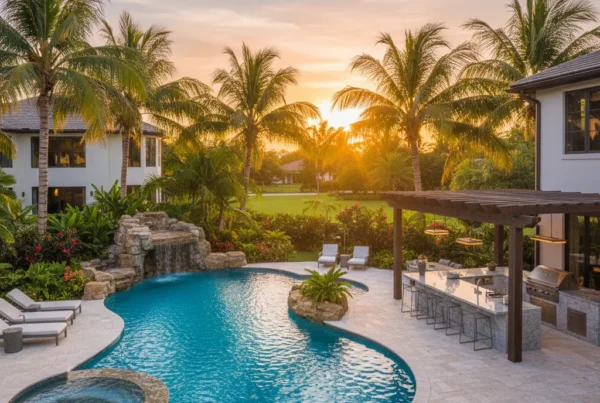 Custom pool and outdoor living area with tropical landscaping in Florida