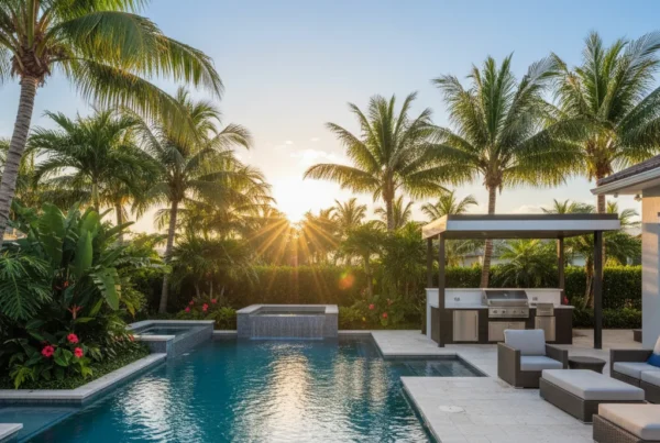 Custom pool and outdoor living area with tropical landscaping in Florida