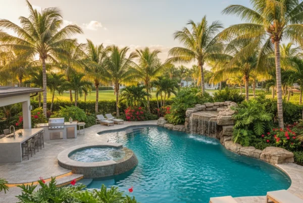 Custom pool with tropical landscaping and outdoor kitchen in Florida