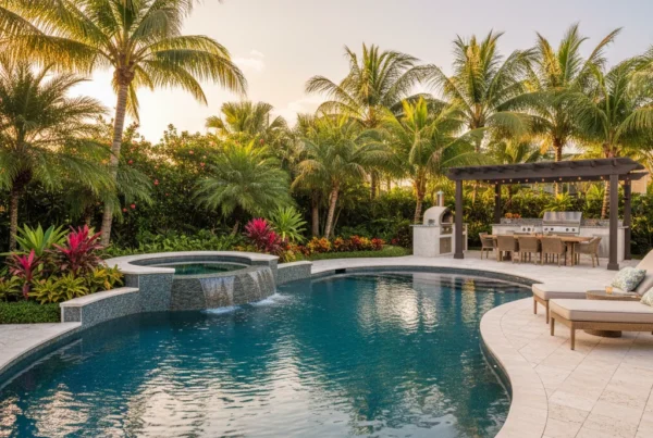 custom pool and outdoor living area with tropical landscaping in Florida