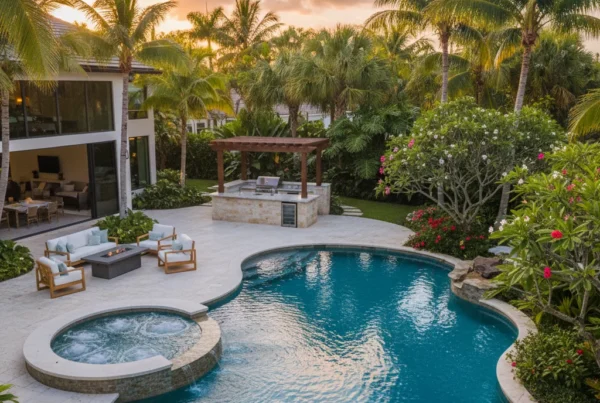 Custom pool and outdoor living area with tropical landscaping in Florida