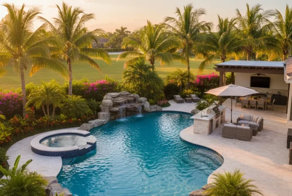 custom pool and outdoor living area with palm trees in florida