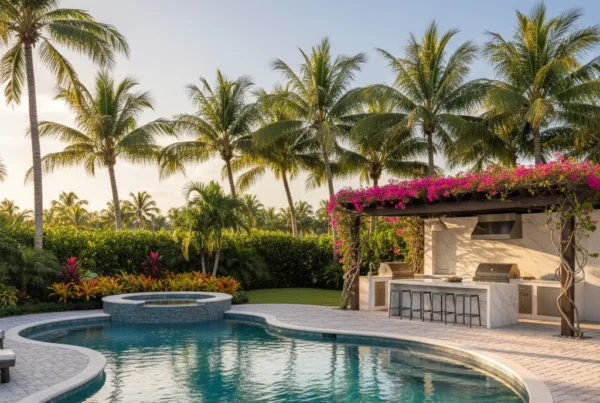 Custom pool and outdoor living area with tropical landscaping in Florida