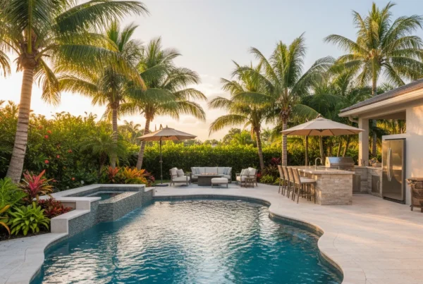 Custom pool and outdoor living area with tropical landscaping in Florida