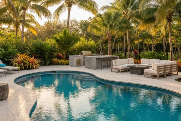 Custom pool and outdoor living area with tropical landscaping in Florida