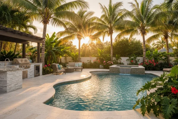 Custom pool and outdoor living area with palm trees in Florida