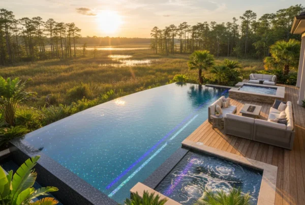 Infinity pool with LED lighting and tropical landscaping in Central Florida
