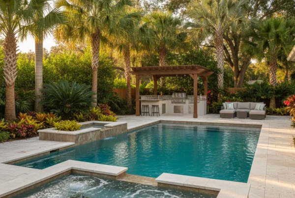 Custom saltwater pool with tropical landscaping in Central Florida backyard