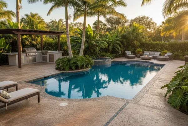 custom non-slip pool deck with tropical landscaping in Central Florida