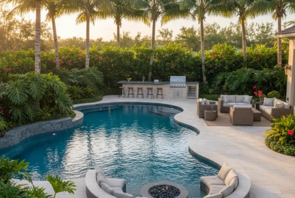 Custom pool and outdoor living area with tropical landscaping in Florida