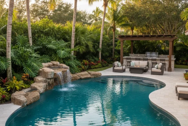 Custom pool and outdoor living area with tropical landscaping in Florida