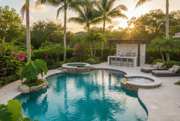 custom pool and outdoor living space with tropical landscaping in Florida