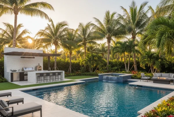 Custom pool and outdoor living area with tropical landscaping in Florida