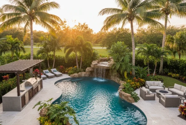 Custom pool and outdoor living area with tropical landscaping in Florida