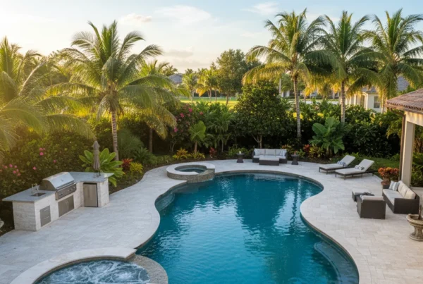 custom pool with tropical landscaping and outdoor kitchen in florida