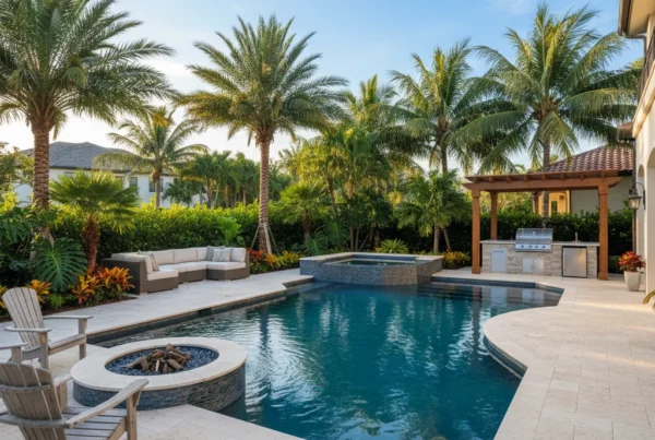 Custom pool and outdoor living area with tropical landscaping in Florida