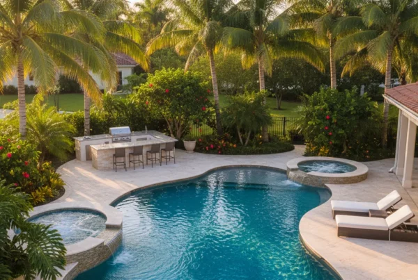 Custom pool and outdoor living area with tropical landscaping in Florida