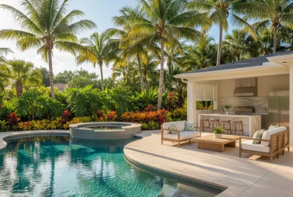 Custom pool and outdoor living area with tropical landscaping in Florida
