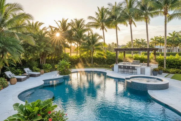 Custom pool and outdoor living area with tropical landscaping in Florida