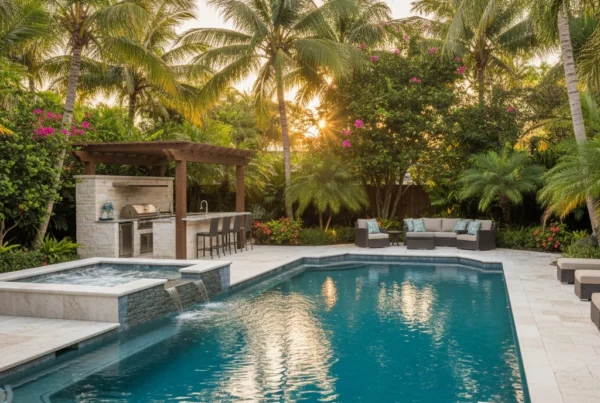 Custom pool and outdoor living area with tropical landscaping in Florida