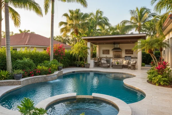 Custom pool and outdoor living area with tropical landscaping in Florida